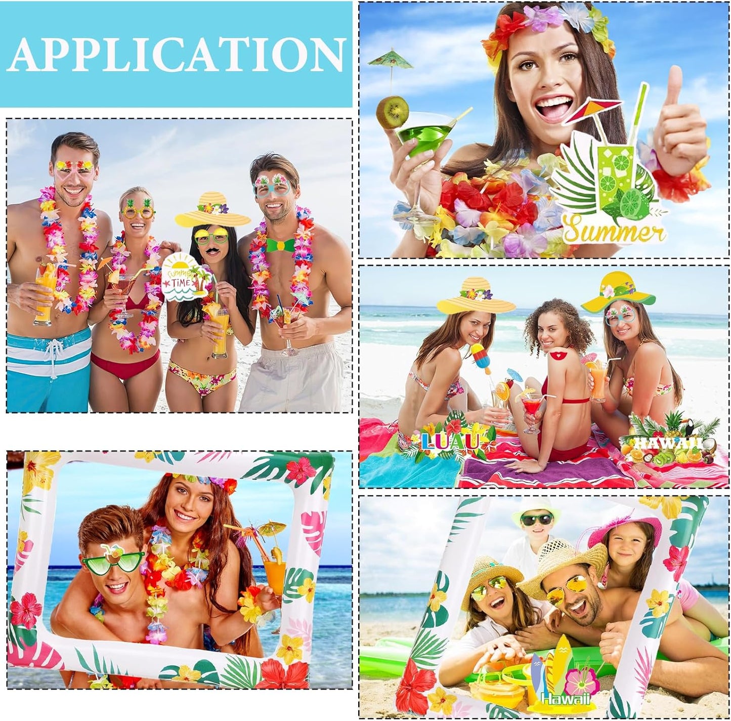 Hawaiian Party Photo Booth Props Kit, 30 PCS Luau Photo Booth Props with Large Inflatable Selfie Picture Frame for Hawaiian Tropical Tiki Summer Pool Party Supplies