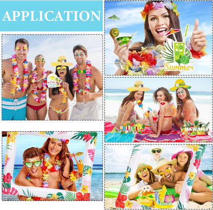 Hawaiian Party Photo Booth Props Kit, 30 PCS Luau Photo Booth Props with Large Inflatable Selfie Picture Frame for Hawaiian Tropical Tiki Summer Pool Party Supplies