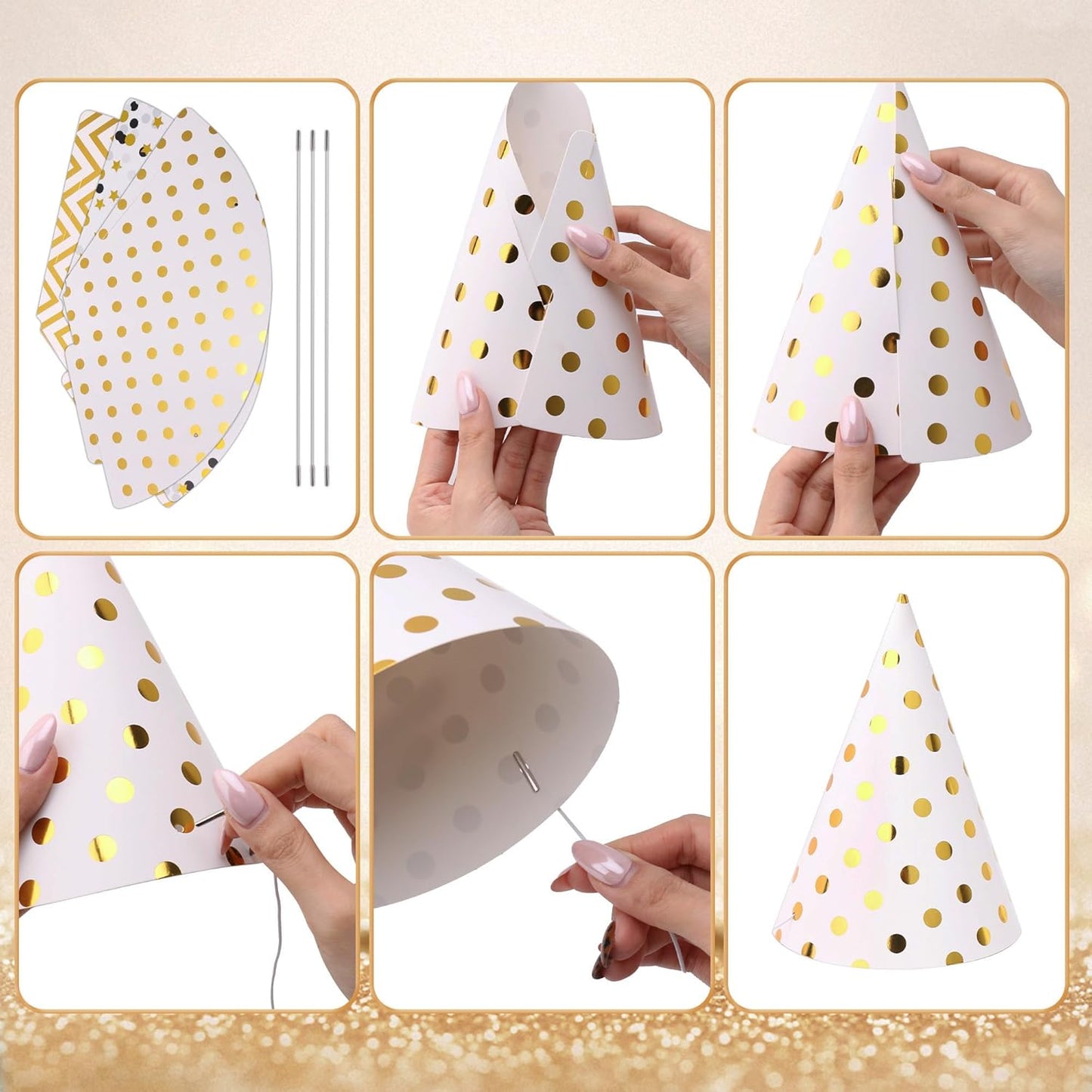 Boieo Party Hats Birthday Cone Set Gold Polka Dot Striped Paper for Adults Kids Happy Birthday Party Decorations 12 Pcs