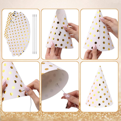 Boieo Party Hats Birthday Cone Set Gold Polka Dot Striped Paper for Adults Kids Happy Birthday Party Decorations 12 Pcs