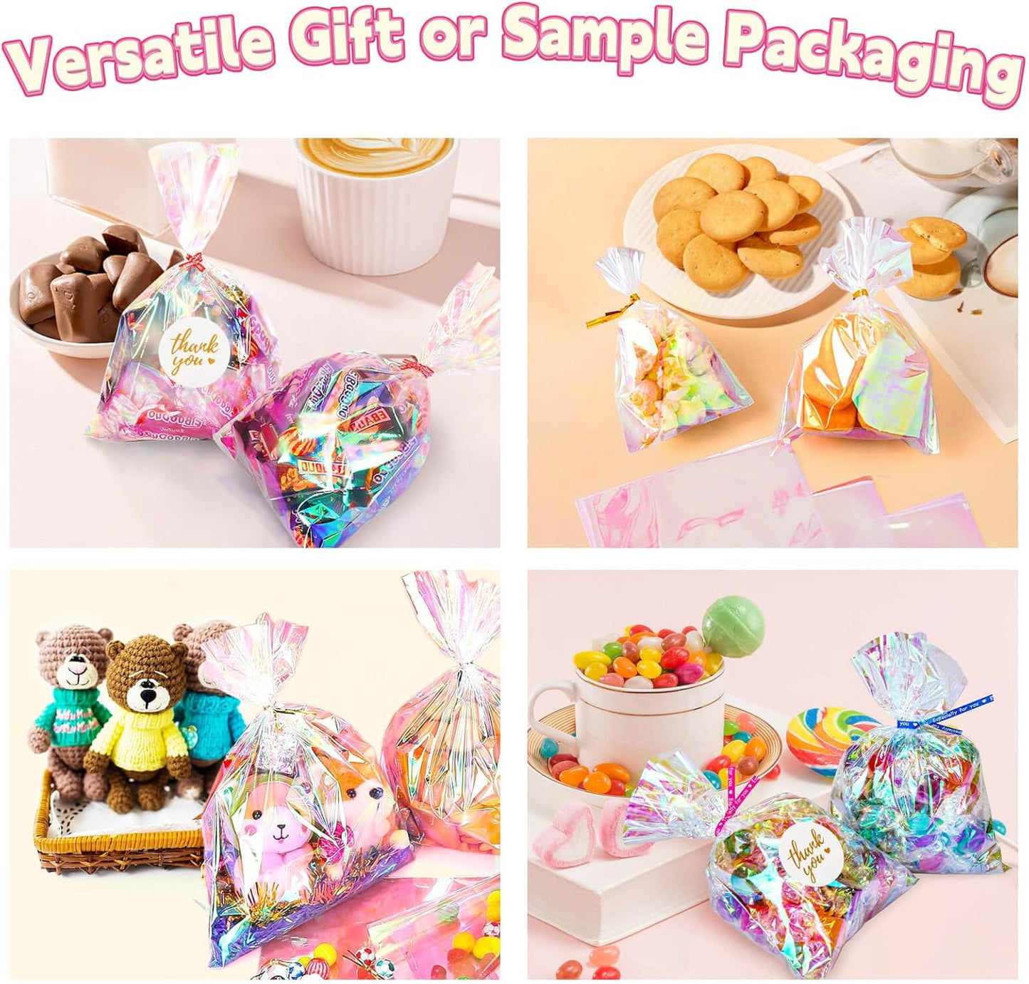 5x7 Inch Iridescent Cellophane Treat Bags with Twist Ties, Treat Bags for Candy Cookie Goodie Chocolates, And Popcorn