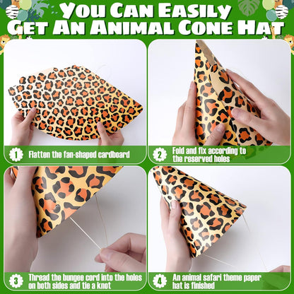 Spiareal 24 Pieces Safari Party Hats Jungle Animal Safari Theme Cone Paper Hats for Kids Zoo Birthday Party Supplies Favor