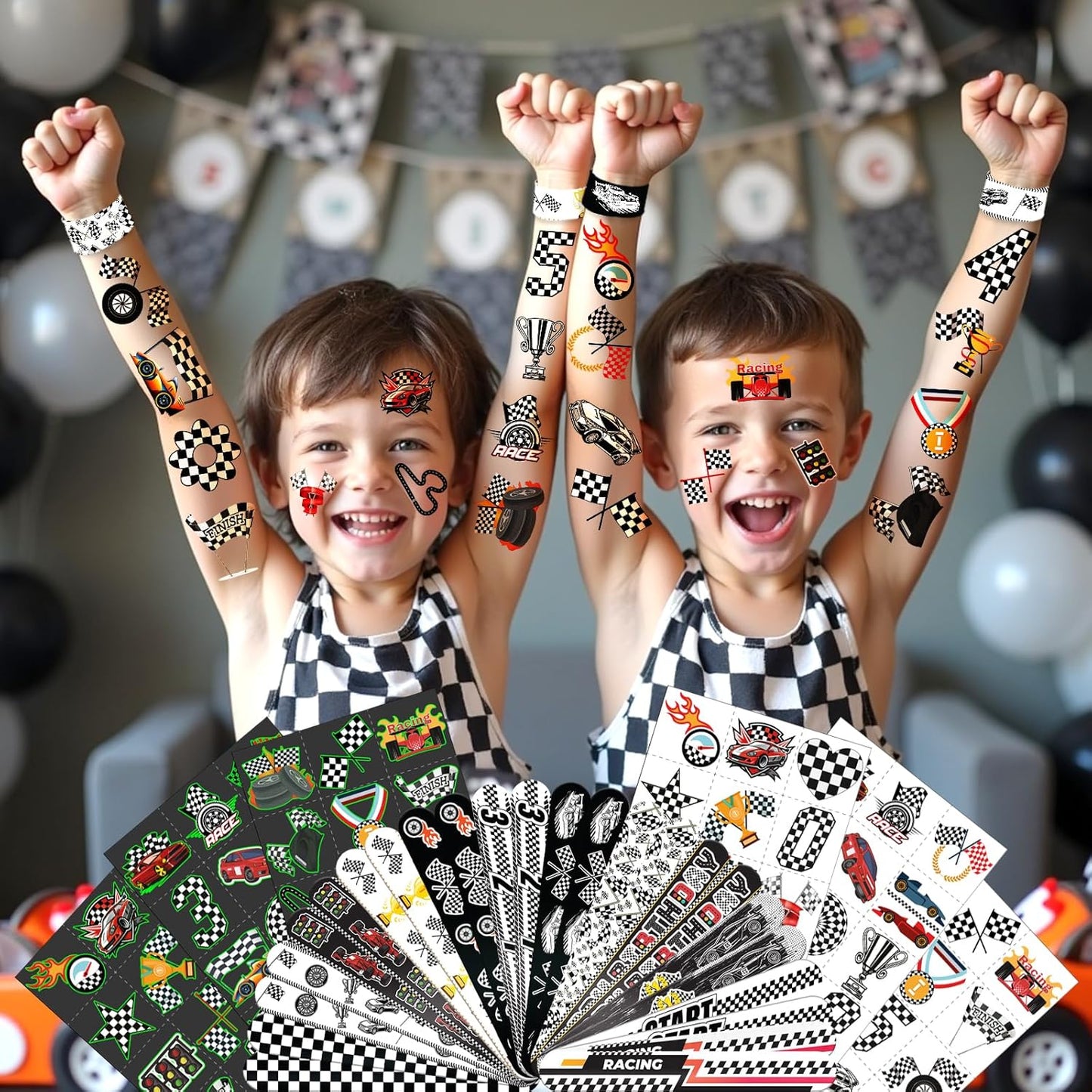 96 PCS Checkered Flags Party Favors Set – 72 Pre-Cut Temporary Tattoos & 24 Slap Bracelets for Kids, Perfect for Racing Birthday Parties, Car-Themed Celebrations & Classroom Rewards