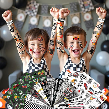 96 PCS Checkered Flags Party Favors Set – 72 Pre-Cut Temporary Tattoos & 24 Slap Bracelets for Kids, Perfect for Racing Birthday Parties, Car-Themed Celebrations & Classroom Rewards