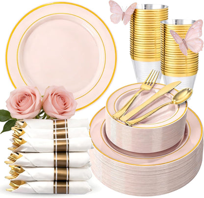 350 Pieces Black and Gold Plastic Plates with Disposable Silverware, Include 50 Dinner Plates 9”, 50 Dessert Plates 6.3”, 50 Black Cups 9 OZ, 50 Pre Rolled Napkins for Wedding Party Graduation