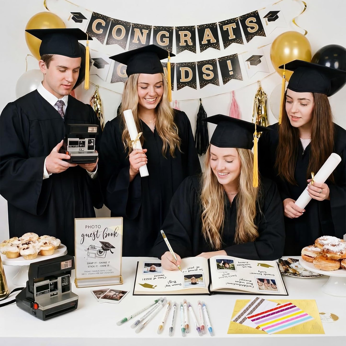 Pajean Graduation Guest Book Set Class of 2026 Memory Scrapbook with Photo Guest Book Sign Dual Tip Pens Photo Corner Stickers Grad Cap Stickers for Grad Party Decorations Supplies Gifts (Black)