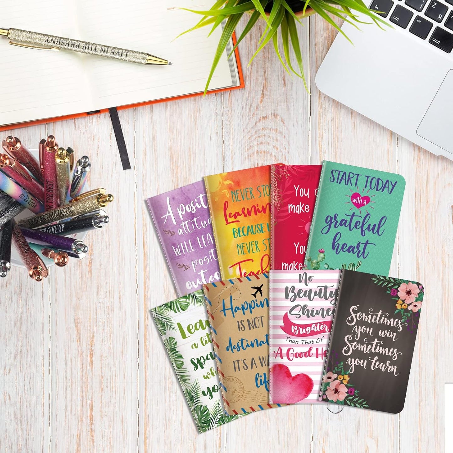 Funrous 32 Pcs Motivational Quote Pens Inspirational Notepads Mini Journal with Ballpoint Pen Small Notebooks Gift for Men Women Coworker Adult Party Favors Prize Teacher Student Office(Stylish)