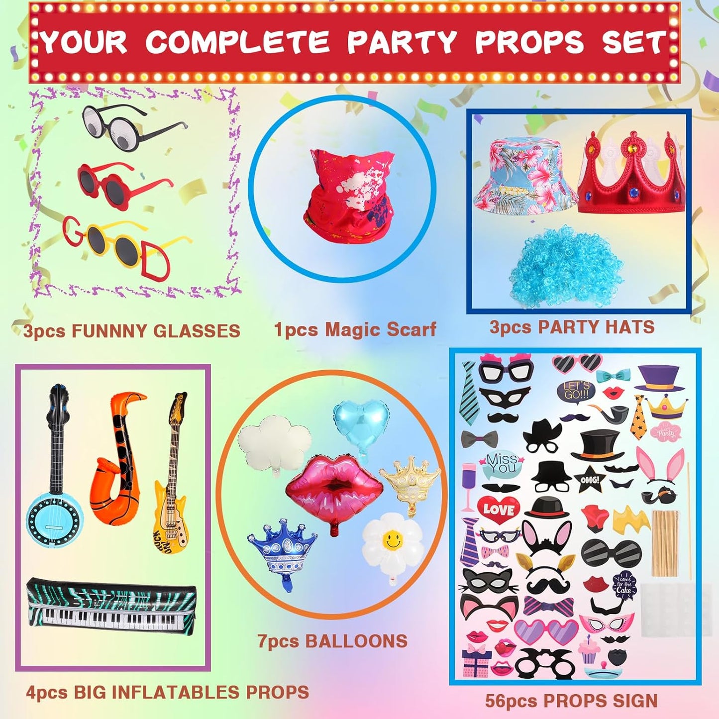 Large Funny Photo Booth Props for Adults, Photo Booth Props Set for New Years, Birthday, Wedding, Bachelorette, All Theme Party, Graduation, Funny Hats, Novelty Glasses, Wig, Inflatable, Magic Scarf