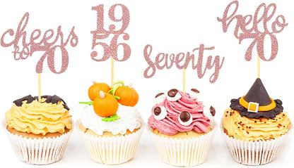 24 Pcs Glitter 70th Birthday Cupcake Toppers for Celebrating 70th Birthday Party Decorations for Seventy Years Old Birthday Party Supplies (Rose Gold2)
