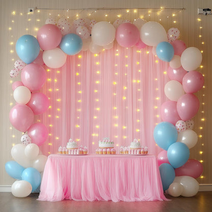 Fomcet Tulle Backdrop Curtains with Lights String White 10FT X 8FT Sheer Curtain with Lights Tulle Curtains Backdrop for Wedding Birthday Party Baby Shower Photo Shoot (2 Panels 5x8FT)