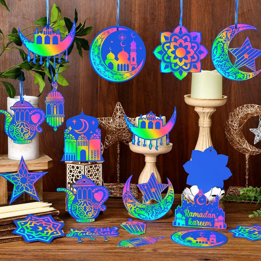 Motipuns 96 Pcs Blue Ramadan Craft Scratch Paper Eid Mubarak Art Kits Magic Color Scratch Off Cards Hanging Ornaments Craft Al-fitr Home Activity for DIY Drawing Project Party Supplies
