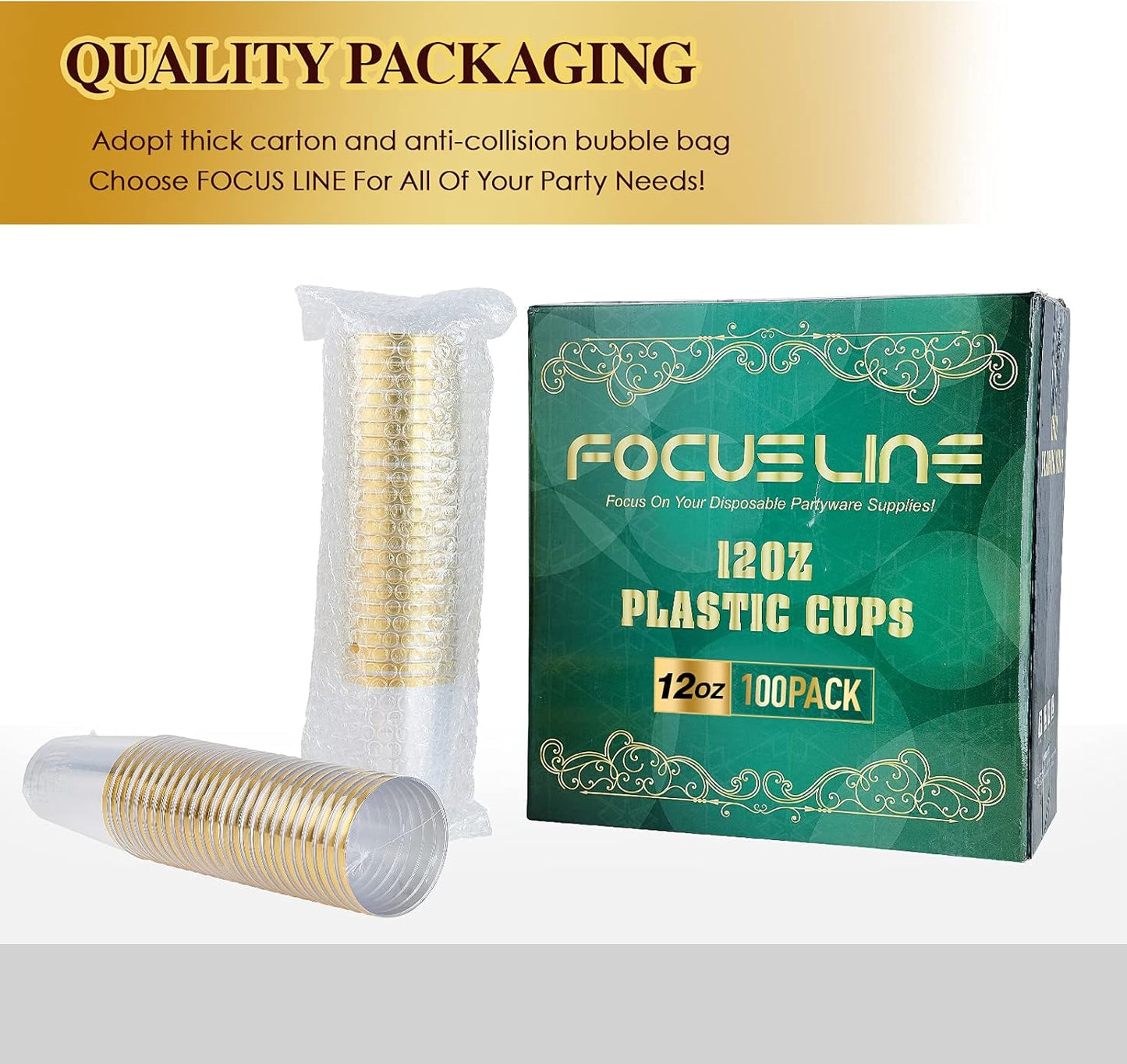 FOCUSLINE 100 Pack 14 oz Clear Plastic Cups, Disposable Cups Large Reusable Plastic Tumblers, Heavy-duty Clear Cups 14 Ounce for Wedding Party, Thanksgiving, Halloween, Christmas