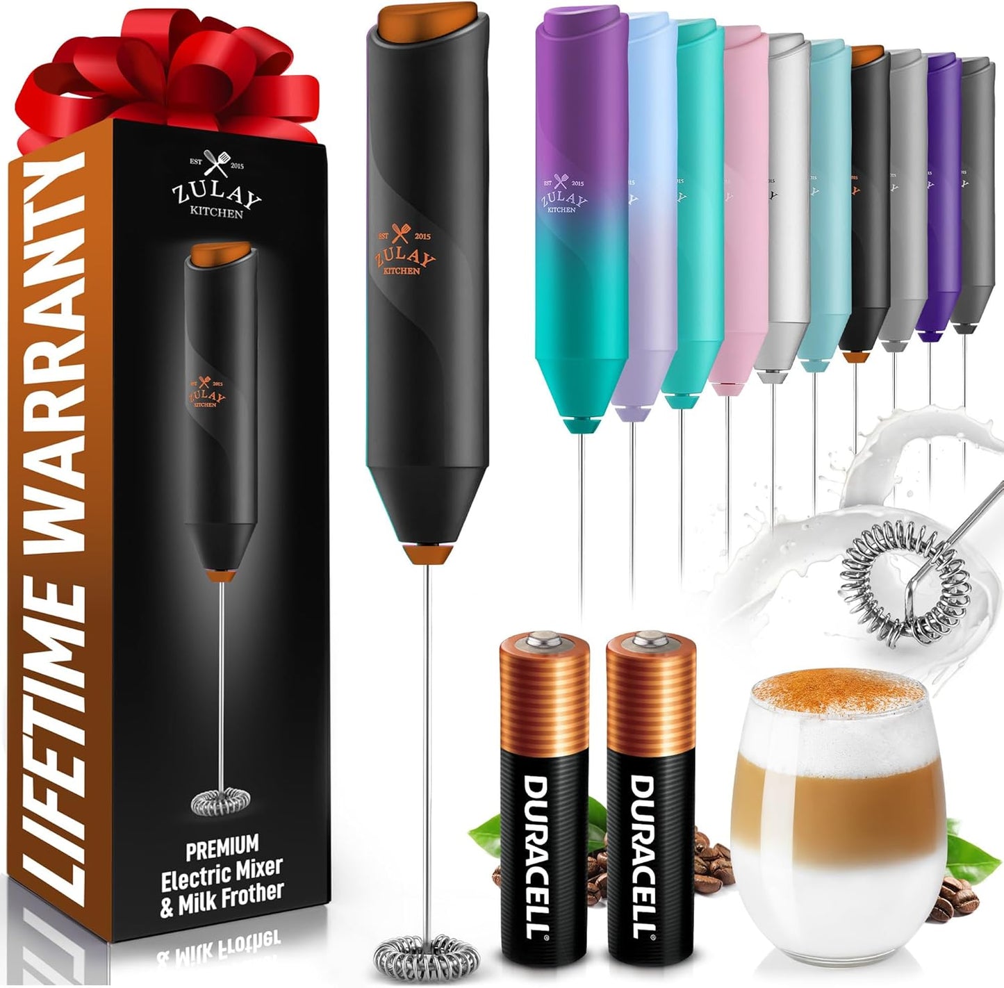 Zulay Kitchen Powerful Milk Frother AA Batteries Included – Ultra Fast Handheld Drink Mixer with Stainless Steel Whisk Stirrer for Coffee, Protein, Matcha & More, Frother Wand Electric Frothmate Black - Colors E