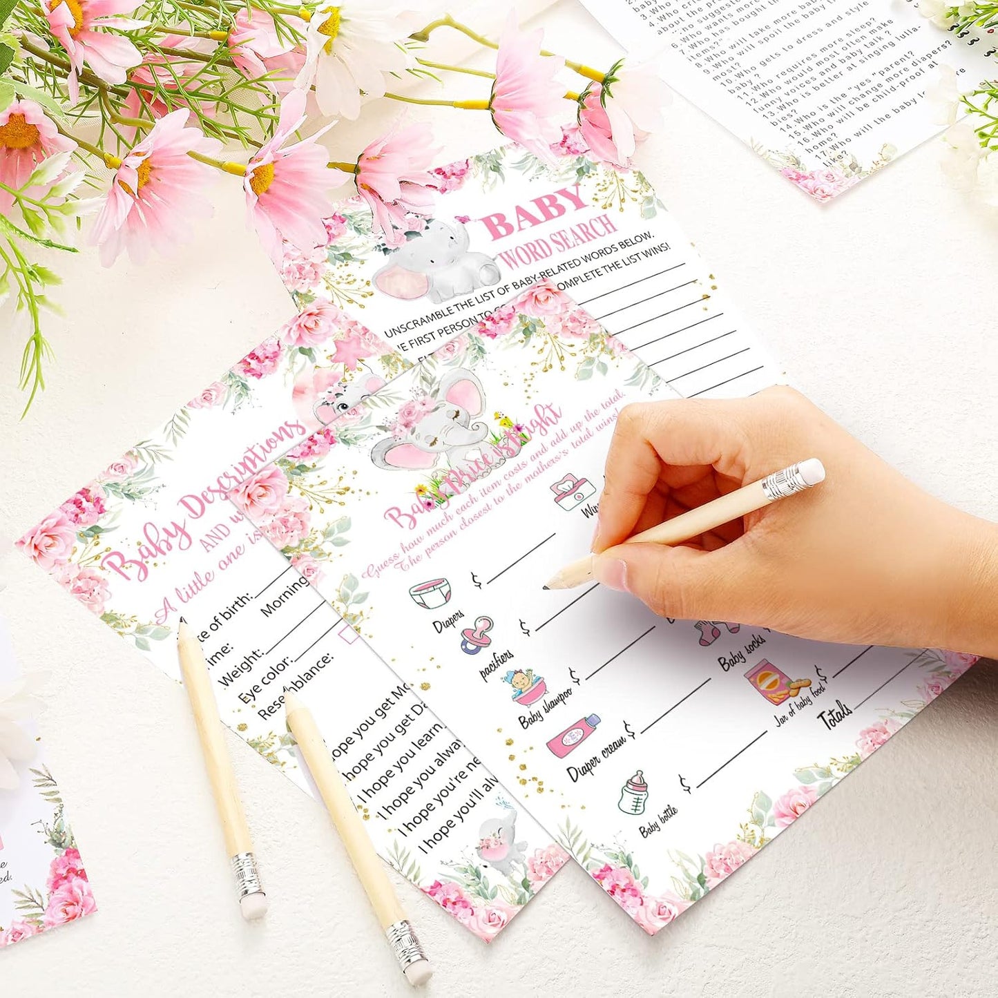 Yinder 145 Pcs Baby Shower Games Activities Cards with 20 Pencils Includes Baby Bingo Description and Wishes Guess Who Price is Right Word Scramble Game(Here Comes the Son)