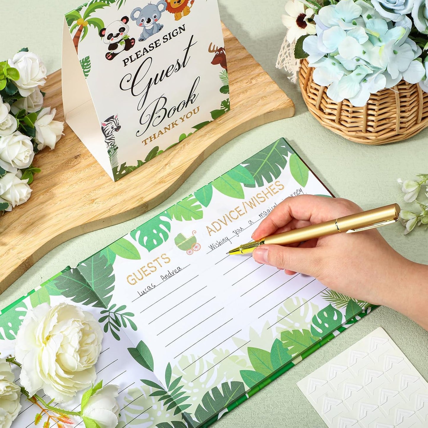 Fuyoooo 27 Pcs Safari Animal Baby Shower Guest Book Set Baby Shower Sign in Guest Floral Book Place Table Cards with Gold Pen Adhesive Photo Corner for Birthday Party