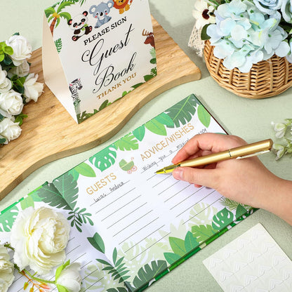 Fuyoooo 27 Pcs Safari Animal Baby Shower Guest Book Set Baby Shower Sign in Guest Floral Book Place Table Cards with Gold Pen Adhesive Photo Corner for Birthday Party