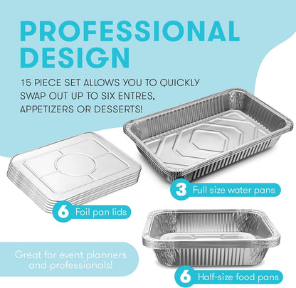Disposable Chafing Dish Buffet Set Food Warming Trays - Buffet Set Trays Food Warmers for Parties & Events - Replacement Chafing Dishes for Catering (9 Serving Utensil Set)