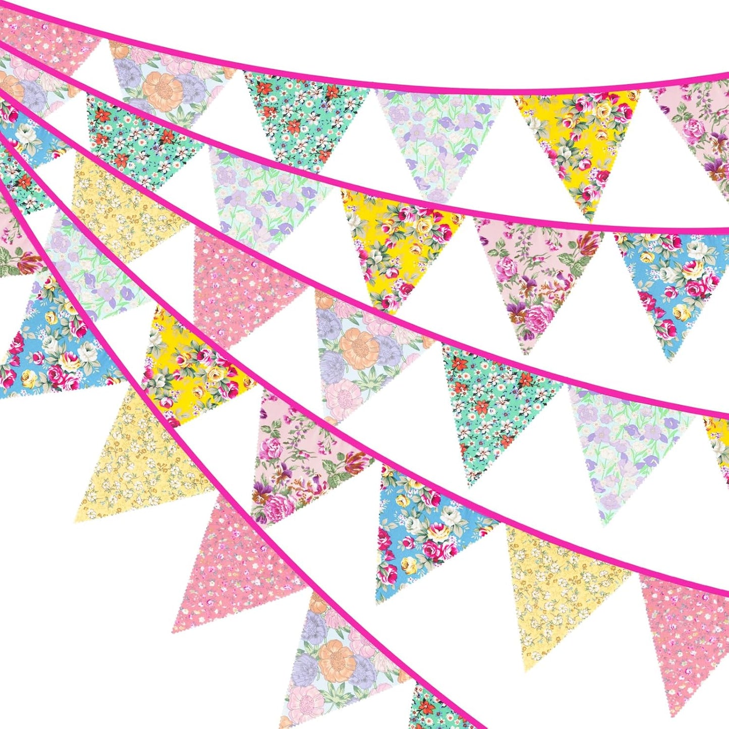 jijAcraft 39Ft Triangle Bunting Banner, 42Pcs Tea Floral Party Bunting Cotton Fabric Flags Pennant Garlands for Birthday Party, Wedding, Baby Shower, Outdoor and Home Decorations (Pink)