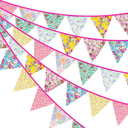jijAcraft 39Ft Triangle Bunting Banner, 42Pcs Tea Floral Party Bunting Cotton Fabric Flags Pennant Garlands for Birthday Party, Wedding, Baby Shower, Outdoor and Home Decorations (Pink)