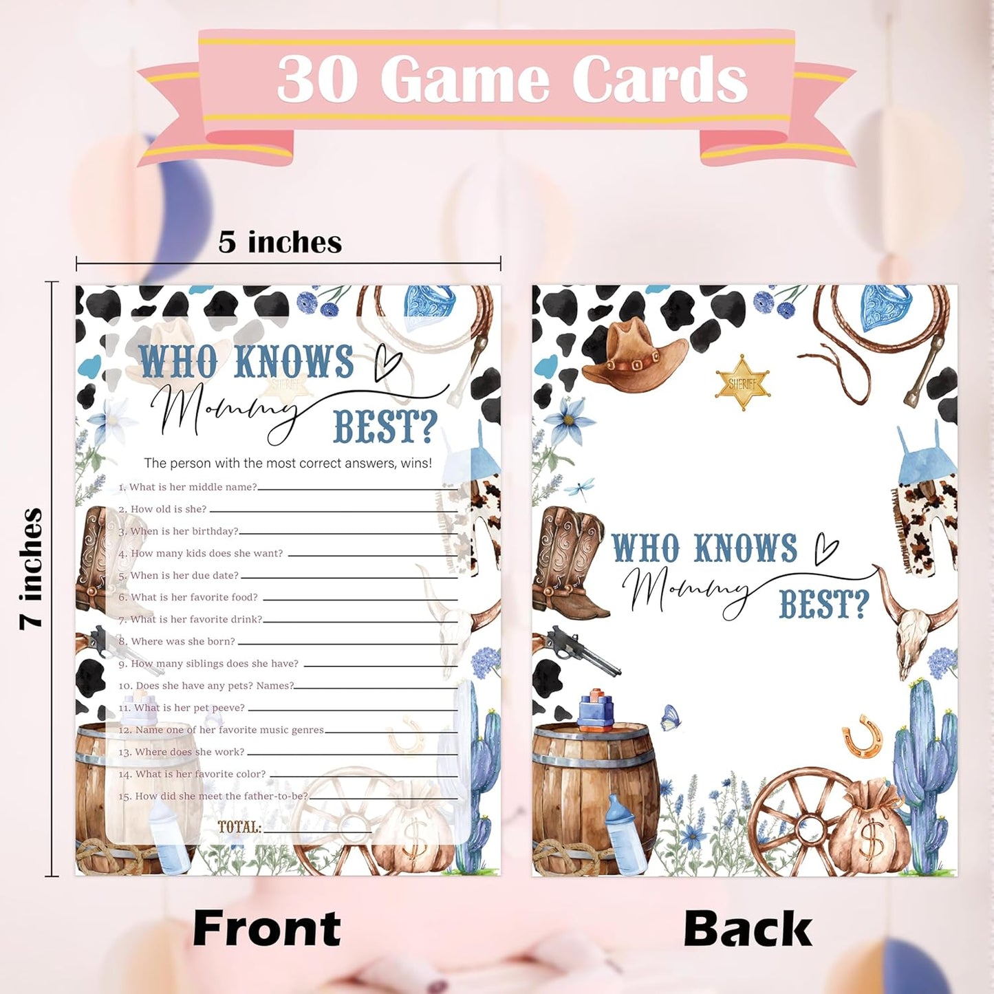 Cowboy Baby Shower Bingo Game, Pack of 30 Game Cards, Wild West Rodeo Shower Game, Gender Reveal Party Decorations, Gender Neutral - KR59