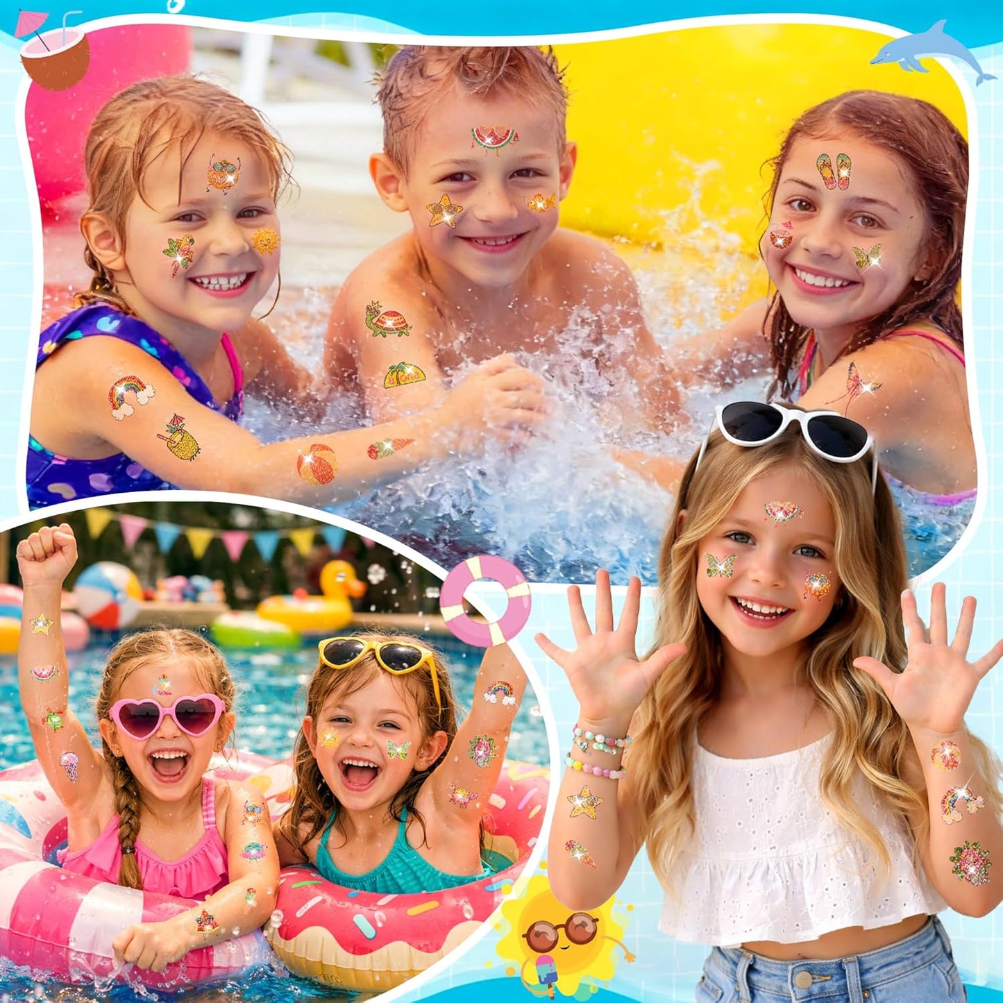 120 PCS Glitter Summer Temporary Tattoos For Kids - Hawaiian Luau Party Favors, Adults Bulk Fun Pool Party Supplies and Tropical Beach Theme Waterproof Decorations