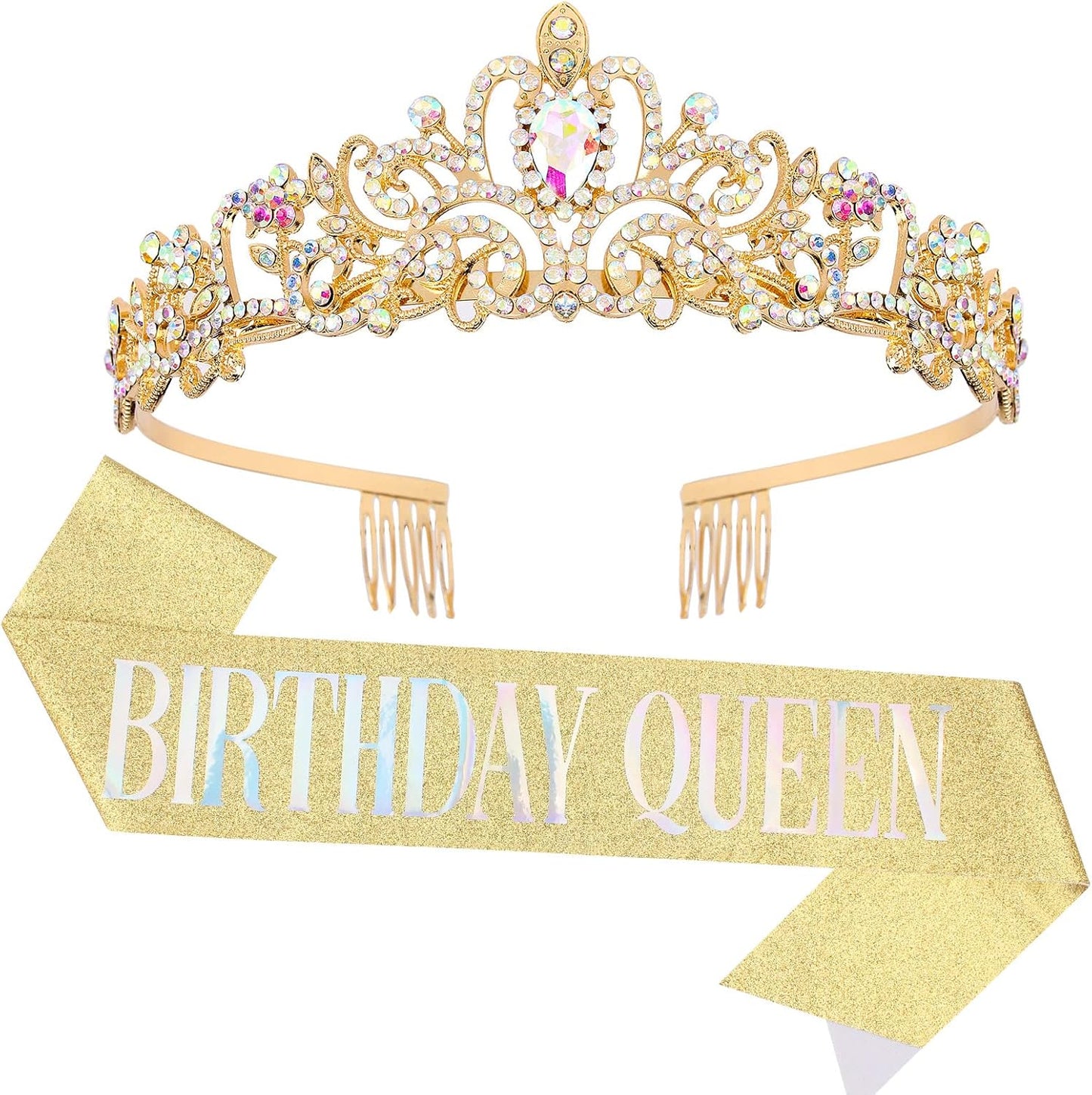 COCIDE Birthday Queen Sash & Rhinestone Tiara Set Gold Happy Birthday Crowns for Women Party Decoration Kit Rhinestone Headband for Women Glitter Crystal Hair Accessories for Cake Topper