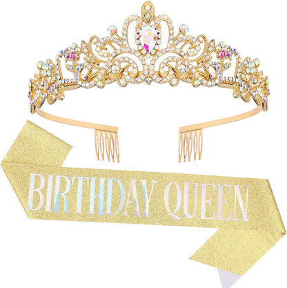 COCIDE Birthday Queen Sash & Rhinestone Tiara Set Gold Happy Birthday Crowns for Women Party Decoration Kit Rhinestone Headband for Women Glitter Crystal Hair Accessories for Cake Topper