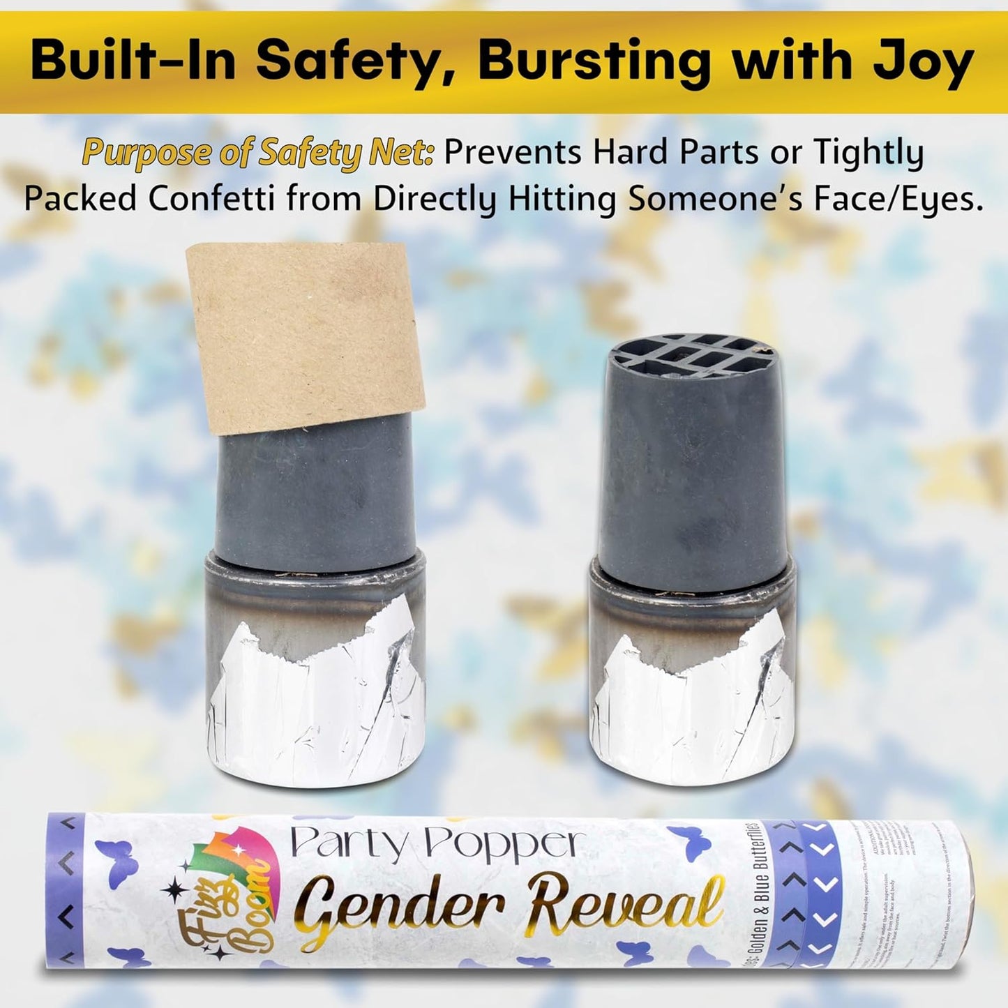 2 Pack Blue Heart-Shaped Confetti Poppers for Baby Gender Reveal | Blue Paper and gold mylar Baby Boy Party Supplies