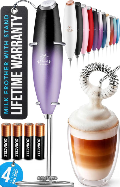 Zulay Kitchen Powerful Milk Frother Wand With Duracell Batteries - Ultra Fast Handheld Drink Mixer - Electric Whisk Foam Maker for Coffee, Lattes, Cappuccino & Matcha - Z1 Motor - Black - Colors B