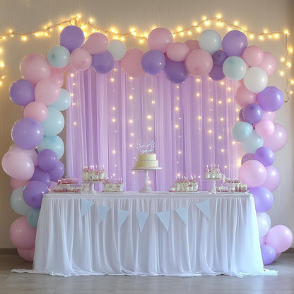 Fomcet Tulle Backdrop Curtains with Lights String White 10FT X 8FT Sheer Curtain with Lights Tulle Curtains Backdrop for Wedding Birthday Party Baby Shower Photo Shoot (2 Panels 5x8FT)