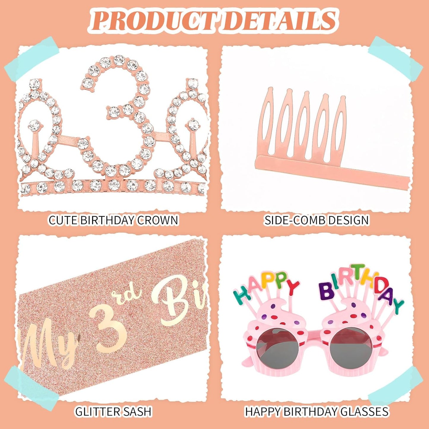 YARIEW 3rd Birthday Decorations, 3rd Glitter Purple Sash and Crown Kit with Happy Birthday Sunglasses, Tiara Princess Crown and Sash Party Outfit Accessory