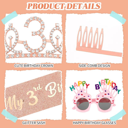 YARIEW 3rd Birthday Decorations, 3rd Glitter Purple Sash and Crown Kit with Happy Birthday Sunglasses, Tiara Princess Crown and Sash Party Outfit Accessory