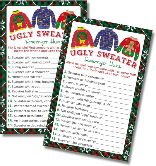 Ugly Christmas Sweater Party Scavenger Hunt Game | 30 pk 5.5 x 8.5” Holiday Party Decorations Adult Cake Topper Invitation Retro Funny