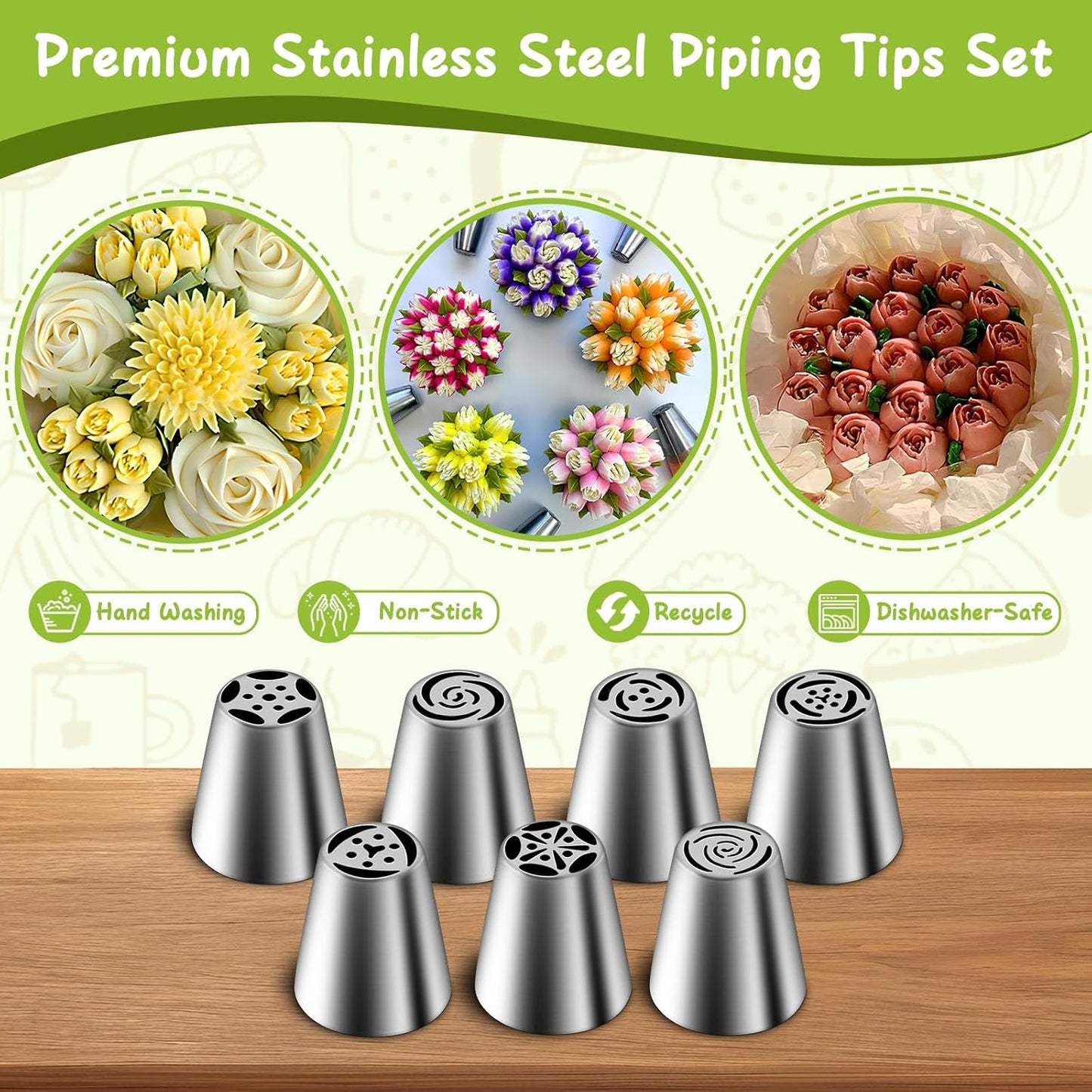 Suuker Russian Piping Tips Set, Stainless Steel Cupcake Flower Shaped Frosting Nozzle Kit, Kitchen Gadgets For Pastry Cupcakes Cakes Cookies Decorating (7 Pieces)
