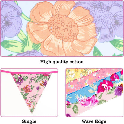 G2PLUS 39Ft Triangle Bunting Banner, 42Pcs Pink Floral Garland Pennant Banner, Reusable Cotton Triangle Flags Party Decoration for Birthday, Wedding, Garden Tea Party, Baby Shower, Room Decor