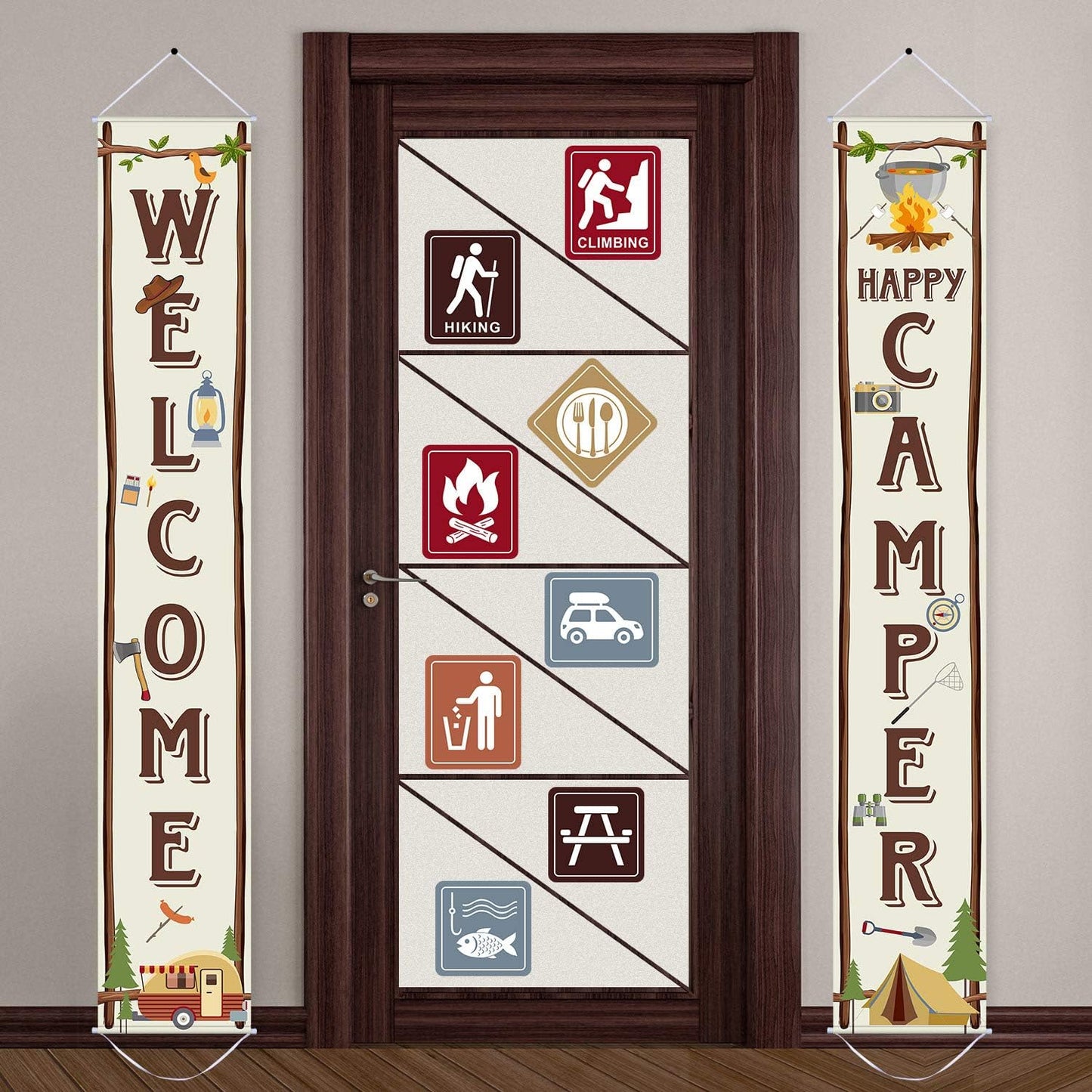 Blulu Camping Themed Party Decorations Set, Big Size Laminated Sign Cutouts, Camping Party Banner Welcome Porch Sign for Themed Birthday Decorations
