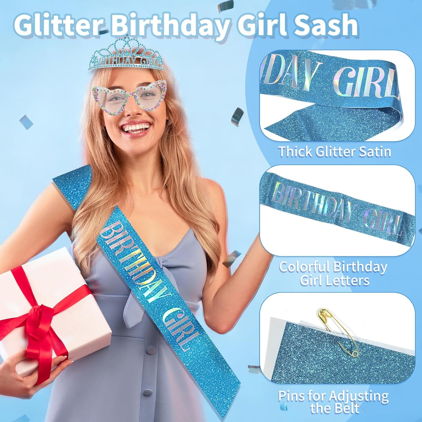 3Pcs Birthday Girl Sash Headband Set-Birthday Sash Tiara and Crown Sunglasses for Girls Women