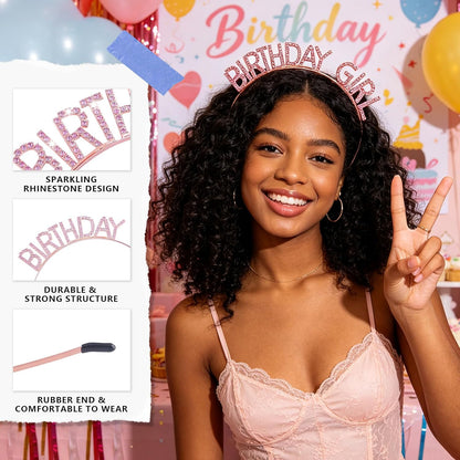 Birthday Sash and Crown Set for Women – Pink Glitter Birthday Girl Sash with Rhinestone Tiara Headband for Party Celebration Gift