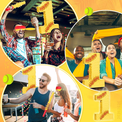 Soulchen Softball Number Piñata Set 16 Inch Yellow Softball Piñata with Blindfold Bat Confetti for Ball Sports Themed Birthday School Party Supplies Outdoor Game Decoration(Number 5)