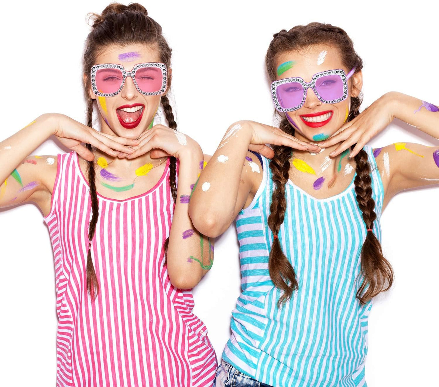 Frienda 6 Pairs Rhinestone Oversized Square Sunglasses 70s Women Dazzled Sunglasses for Disco Party Concert Photo Props