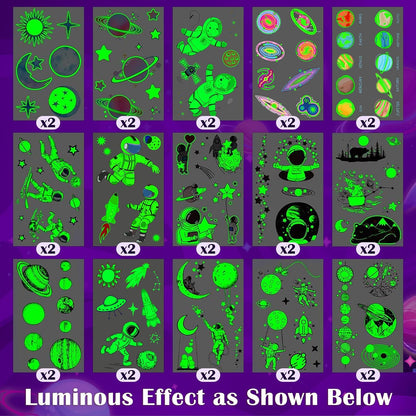 Partywind 380 Styles (30 Sheets) Luminous Tattoos for Kids, Mixed Styles Temporary Tattoos Stickers with Mermaid/Dinosaur/Space/Pirate for Boys and Girls, Glow Party Supplies