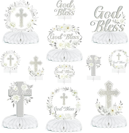 ANGOLIO Baptism Centerpieces Table Decorations - 12Pcs God Bless White Sliver Floral Honeycomb Centerpieces Party Supplies Cross Religious Table Toppers for Bible Baby Shower Birthday Party Favors