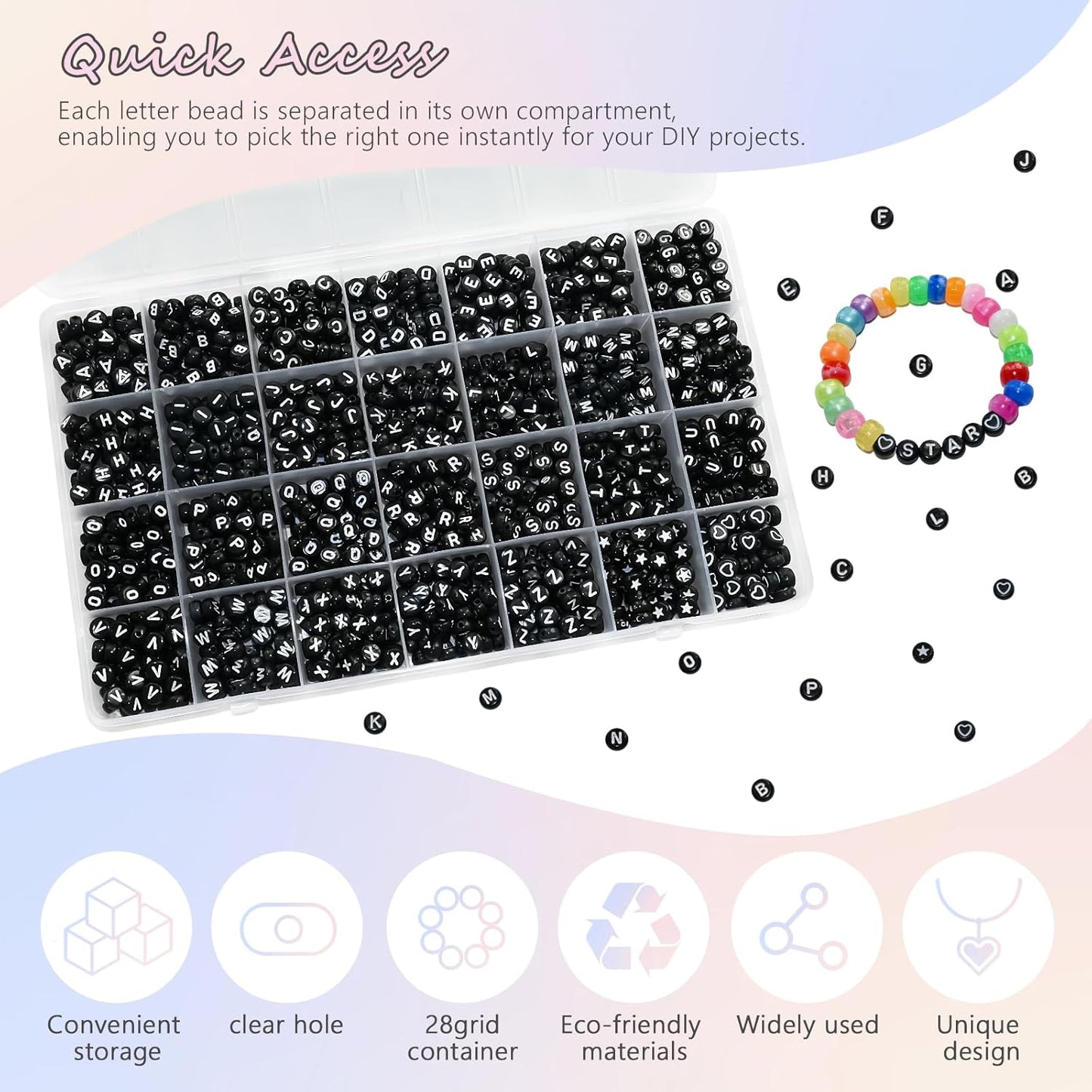 Amaney 1400pcs Glow Letter Beads, Heart Beads Whit Elastic Beading Cord,4x7mm Round Acrylic Alphabet Beads for Friend Bracelet Jewelry Making
