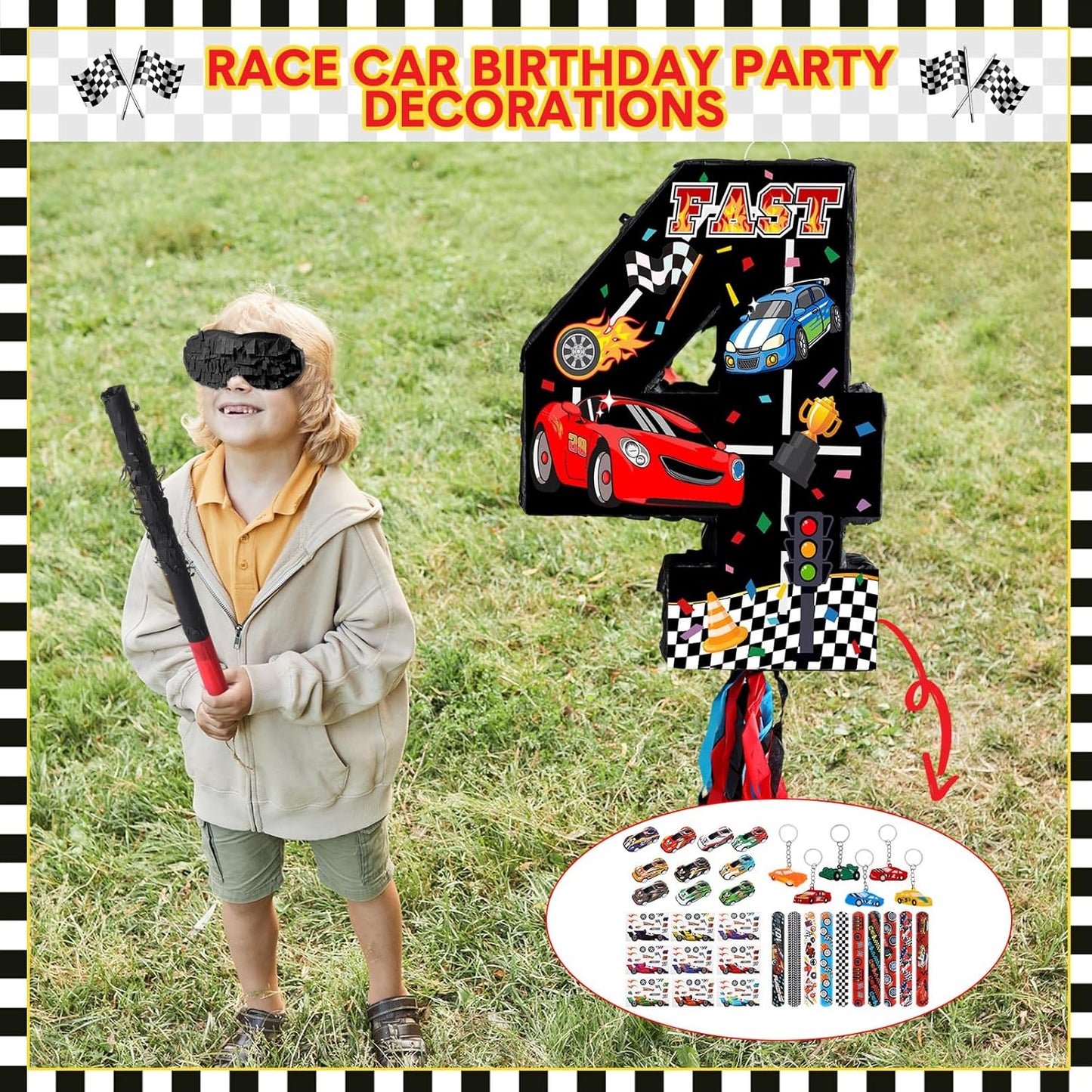 Pasimy Number 3 Piñata Race Car Party Favors Set with Black Red Birthday Piñata Stick Blindfold Slap Bracelet Keychain Sticker Racecar Party Gifts Birthday Decorations Goodie Bag Stuffer Supplies
