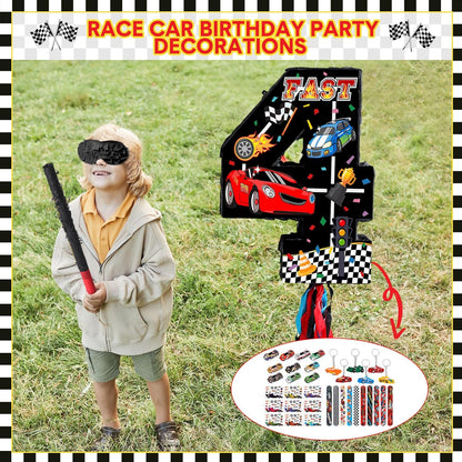 Pasimy Number 3 Piñata Race Car Party Favors Set with Black Red Birthday Piñata Stick Blindfold Slap Bracelet Keychain Sticker Racecar Party Gifts Birthday Decorations Goodie Bag Stuffer Supplies