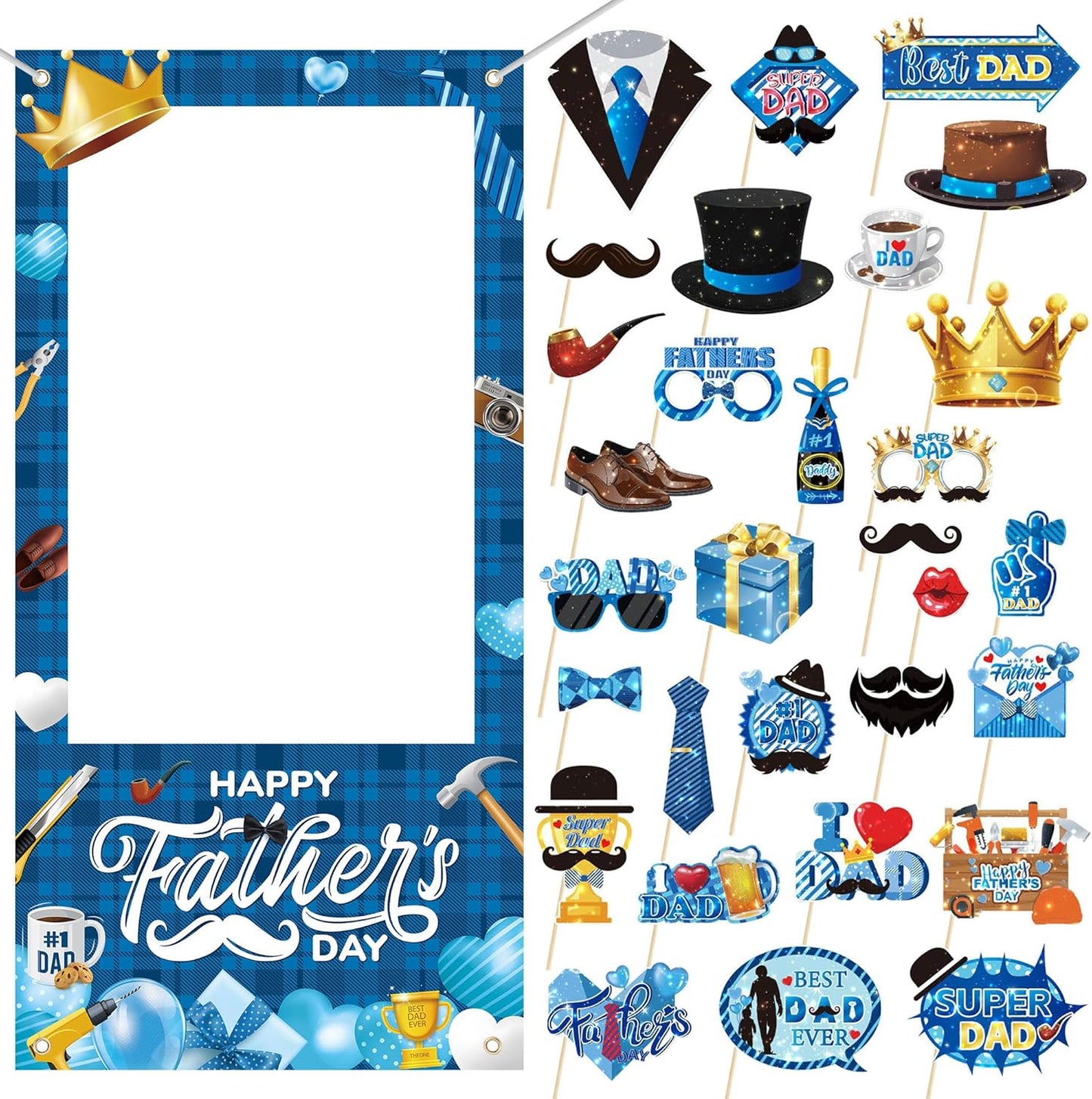 30Pcs Father's Day Photo Booth Props & Selfie Frame Set, Best Dad Super Dad Party Photo Props with 1Pc Selfie Banner for Father's Day Decoration Birthday Party Supplies Gifts
