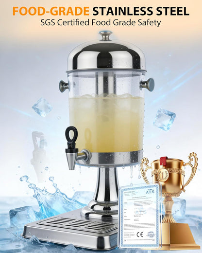 Beverage Dispenser with Stand,2 Gallon Drink Dispenser for Parties,Events,Buffet &Self-Serve,Dual Ice Tube Core Fruit Infuser,Leakproof Spigot,Clear PC Container,Stainless Steel Lid&Base