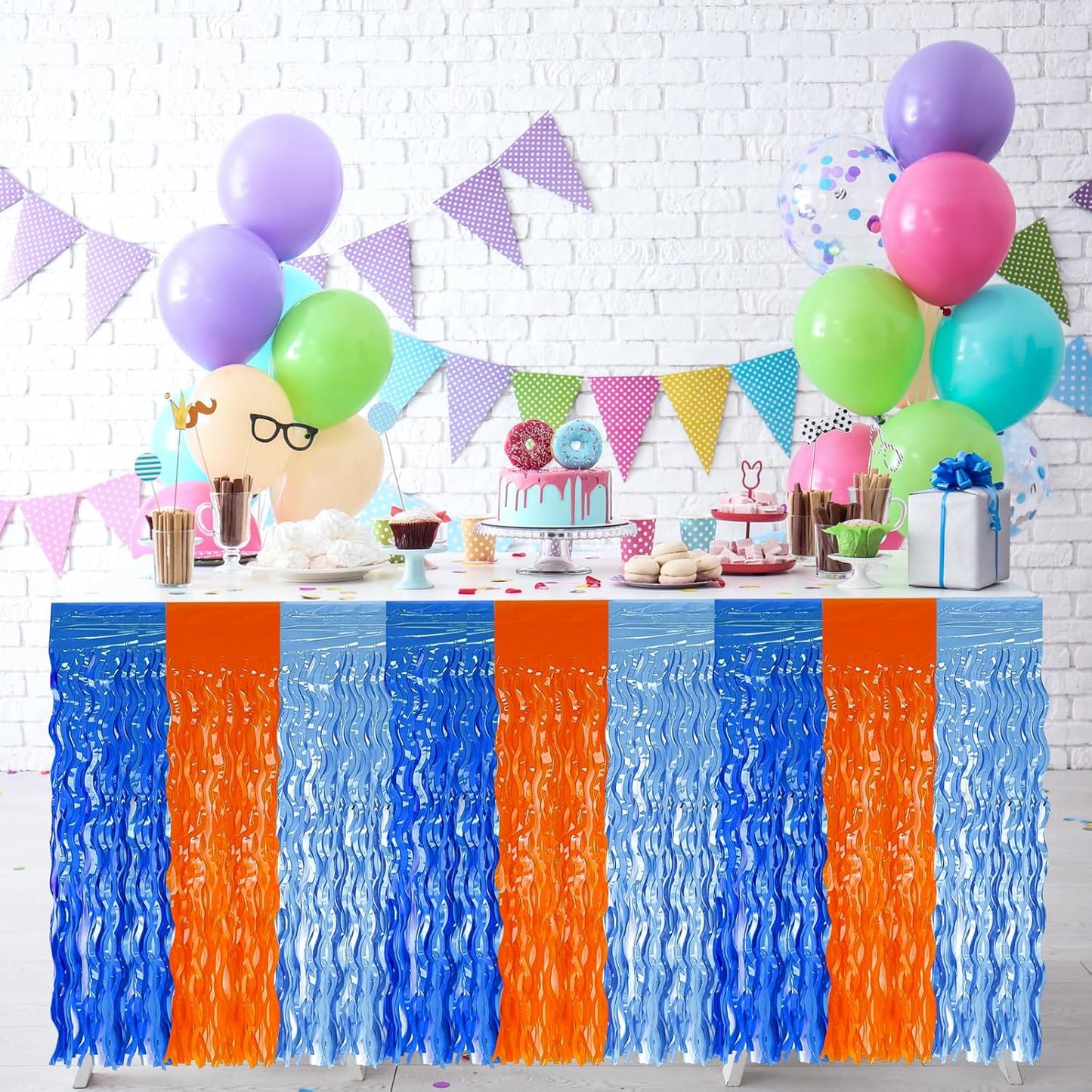 2 Pack 29.5x108 Inch Silver Foil Tinsel Fringe Table Skirts, Disposable Table Skirts for Rectangle Tables Curtains Backdrop Parade Wedding Floats Baby Shower Birthday Mardi Gras Party