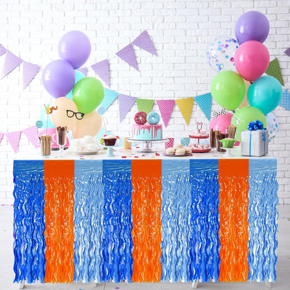 2 Pack 29.5x108 Inch Silver Foil Tinsel Fringe Table Skirts, Disposable Table Skirts for Rectangle Tables Curtains Backdrop Parade Wedding Floats Baby Shower Birthday Mardi Gras Party