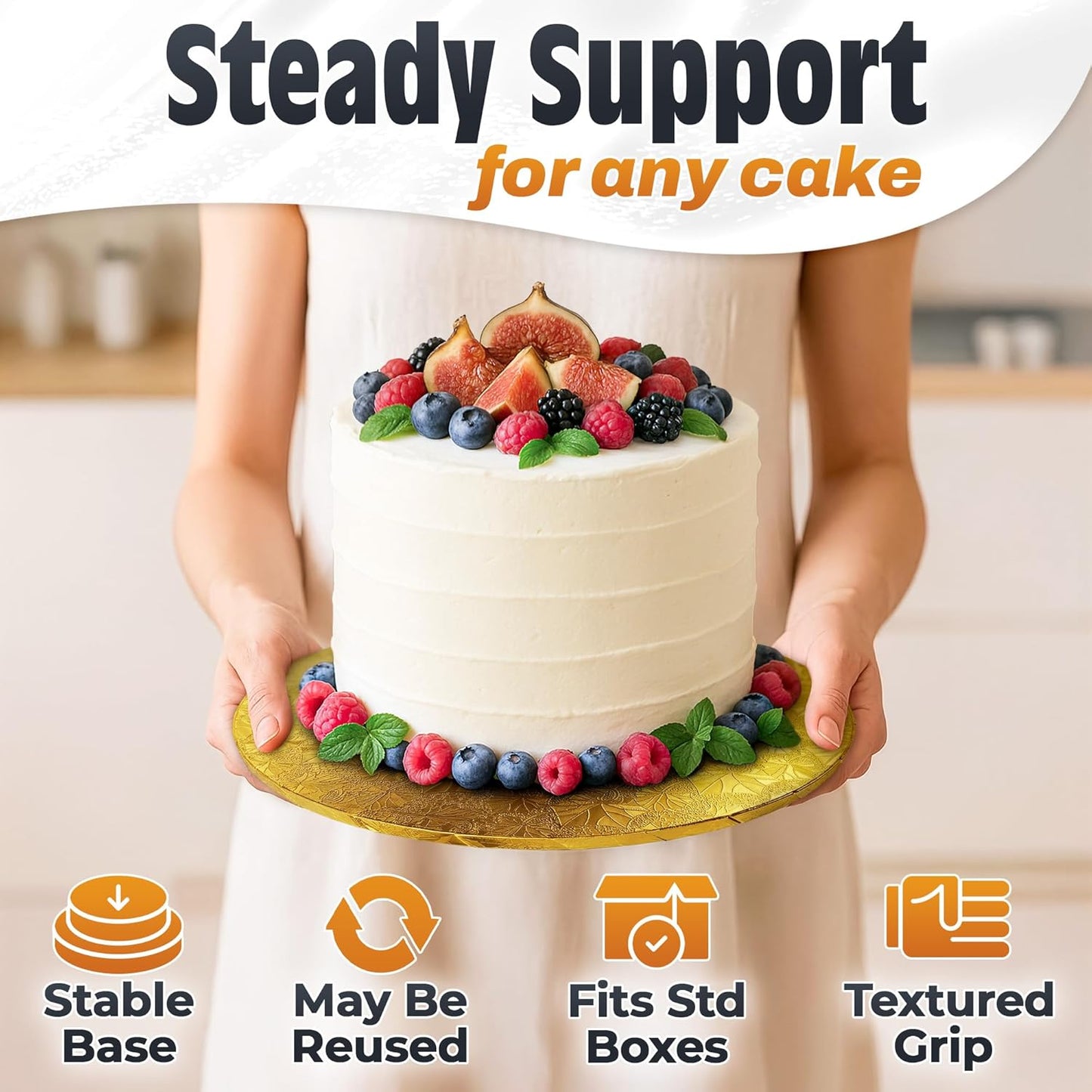 12 Inch Cake Drum, Black Cake Board for Picture-Ready Celebration Cakes, 1/2 Inch Thick Round Cardboard Base with Grease & Moisture Resistant Surface and Decorative Pattern for Parties and Weddings